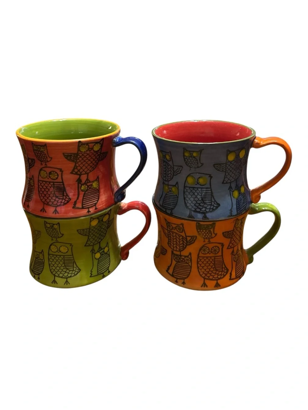 Pier 1 Imports Owl Mug Set of 4 w/ Original Metal Rack Hand Painted Stoneware